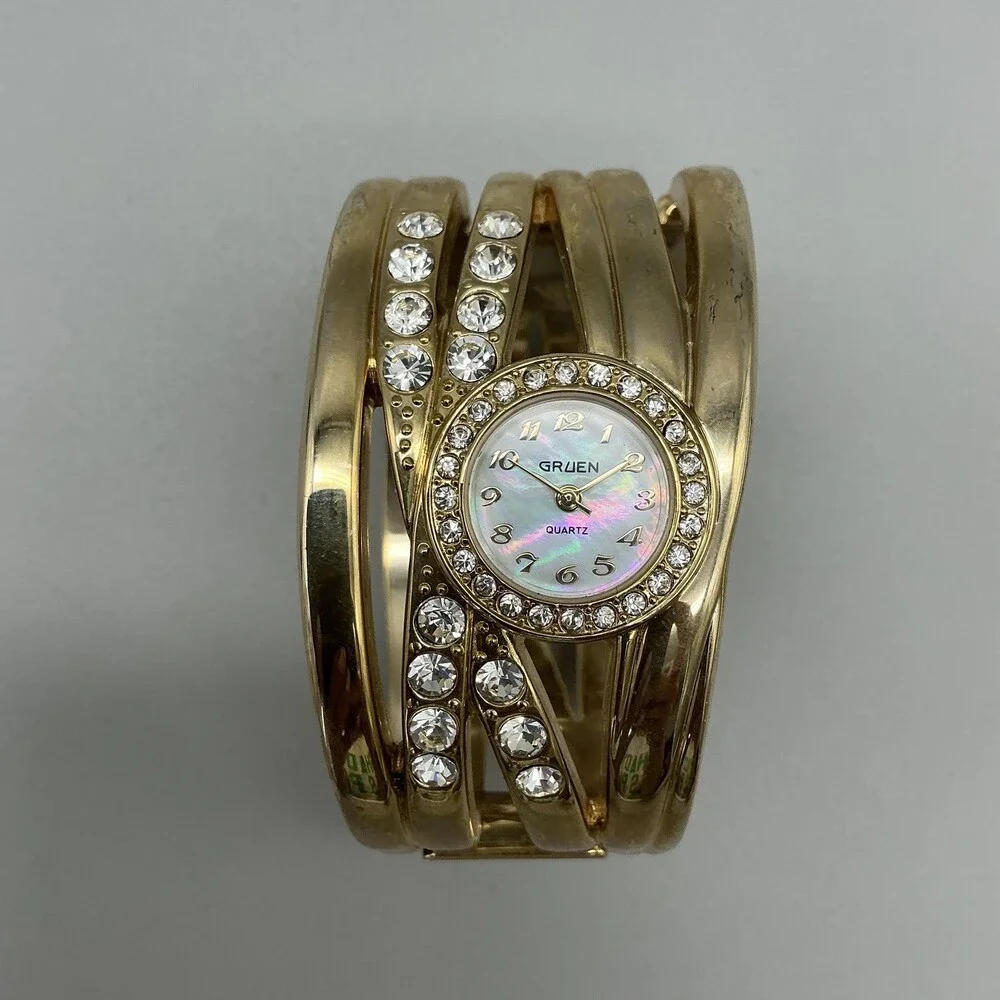 Gruen Womens Watch 35mm White Dial Gold Tone Crystal Cuff Bracelet New Battery